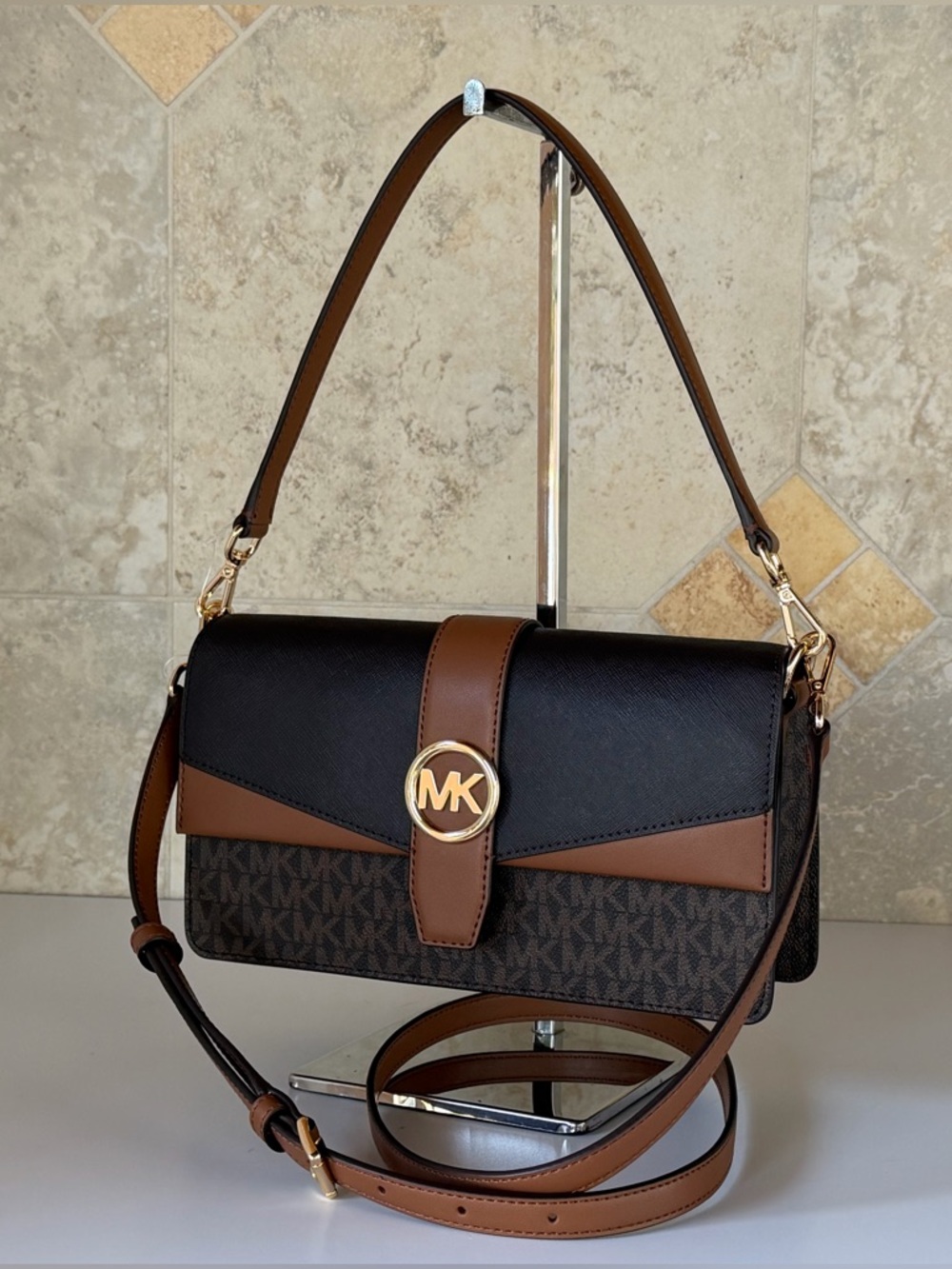 Michael Kors Greenwich MD Flap Shoulder Crossbody Bag MK Brown - Picture 4 of 12